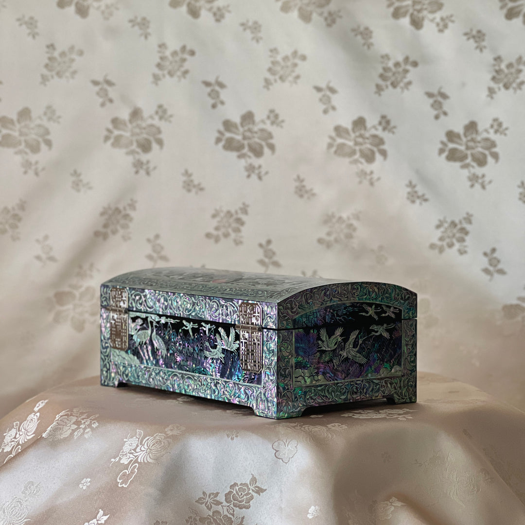 Mother-of-Pearl Jewelry Box: Auspicious Mountain Landscape with Cranes