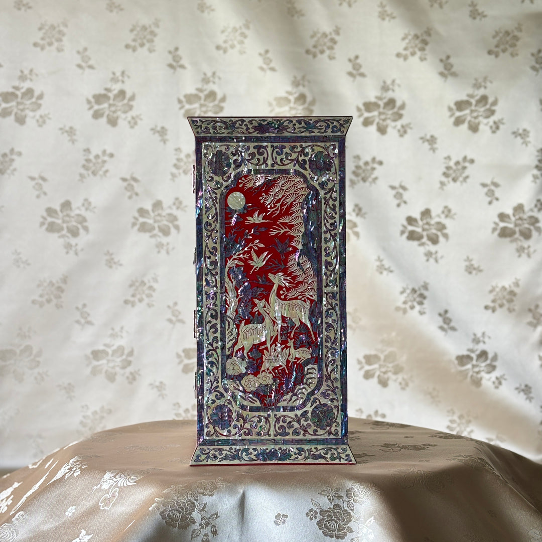 Mother-of-Pearl Double-Doored Jewelry Chest: Grand Scale, Longevity Motif on Red Ground