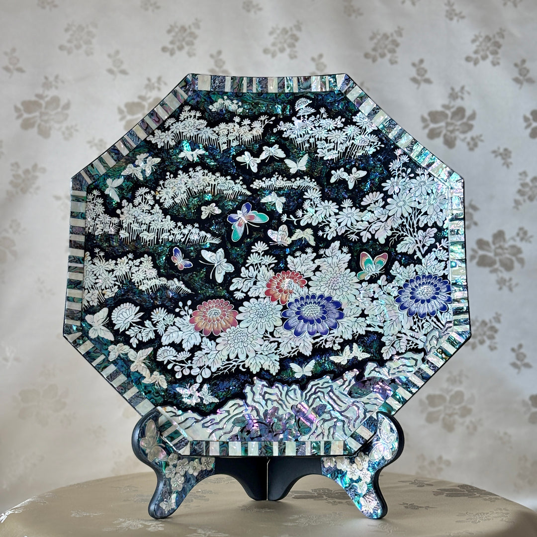 Mother of Pearl Octagonal Tray: Chrysanthemum and Butterfly on Abalone