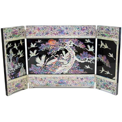 Mother-of-Pearl Folding Screen: Pine and Crane Landscape Motif