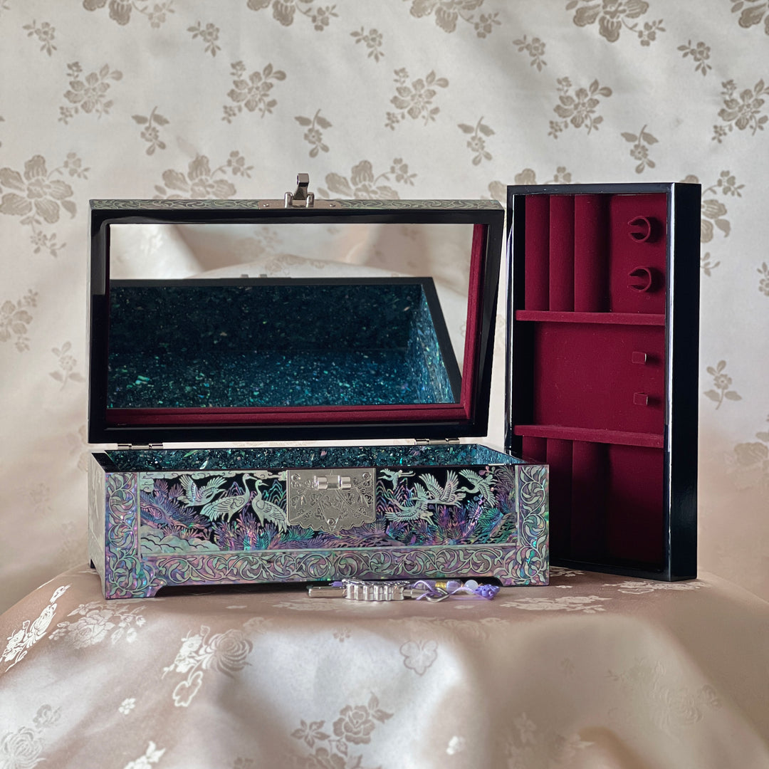 Mother-of-Pearl Jewelry Box: Auspicious Mountain Landscape with Cranes