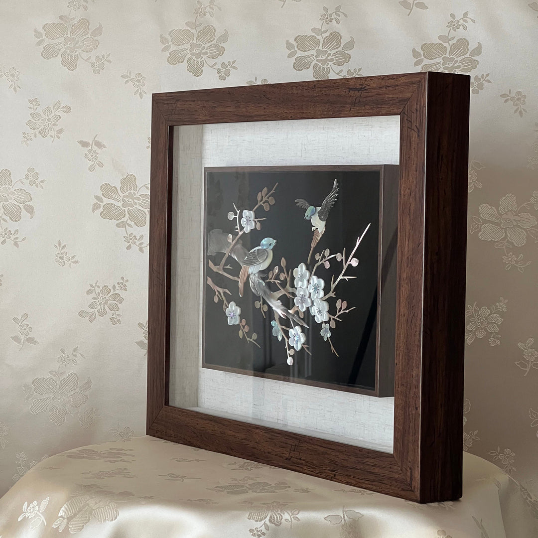 Mother-of-Pearl Art Panel: Horizontal Format, Whole Shell with Plum Blossom Tree and Bird Motif