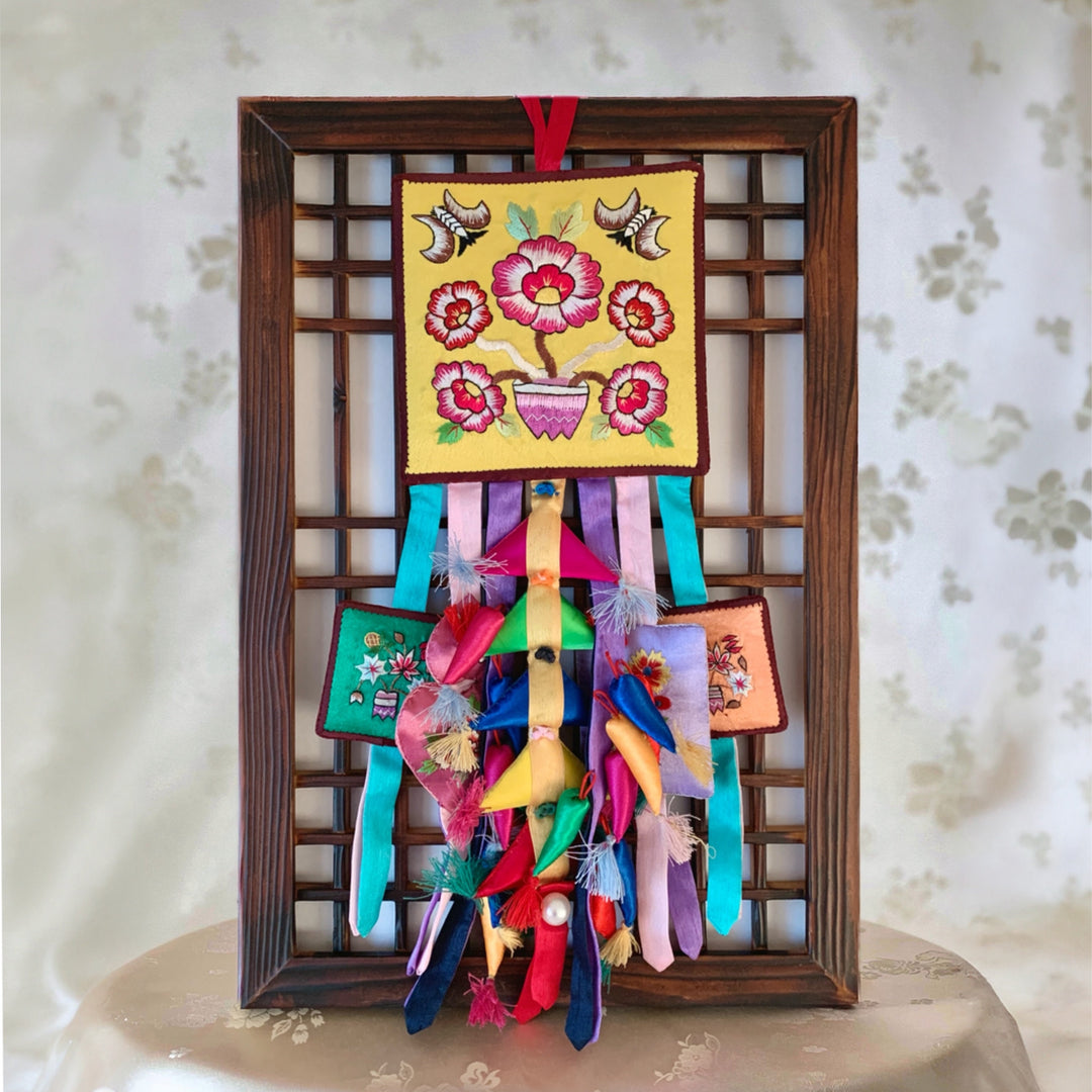 Key Tessel (Norigae) Accessory and Ornament for Luck with Peony Pattern Including Frame Option (손수 목단 열쇠패 노리개)