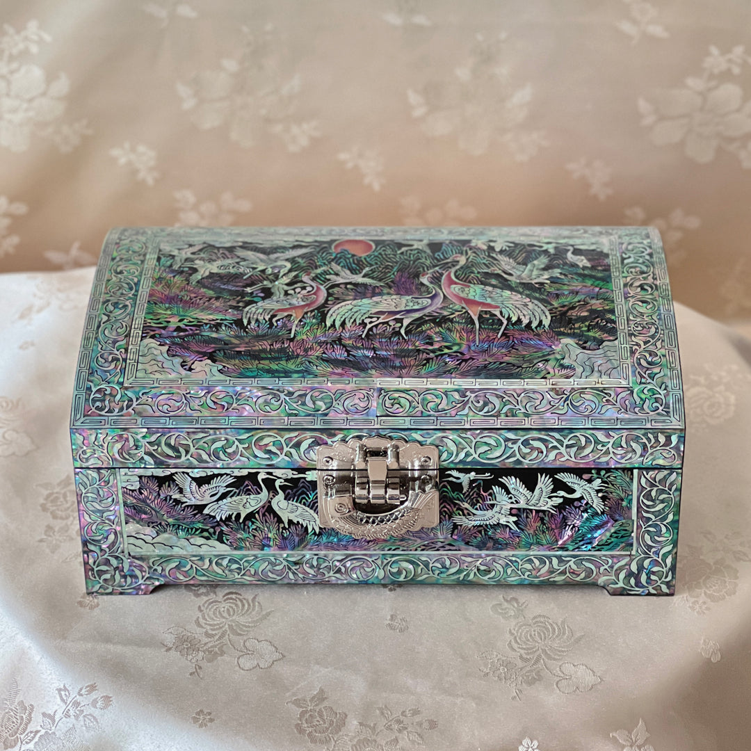 Mother-of-Pearl Jewelry Box: Auspicious Mountain Landscape with Cranes