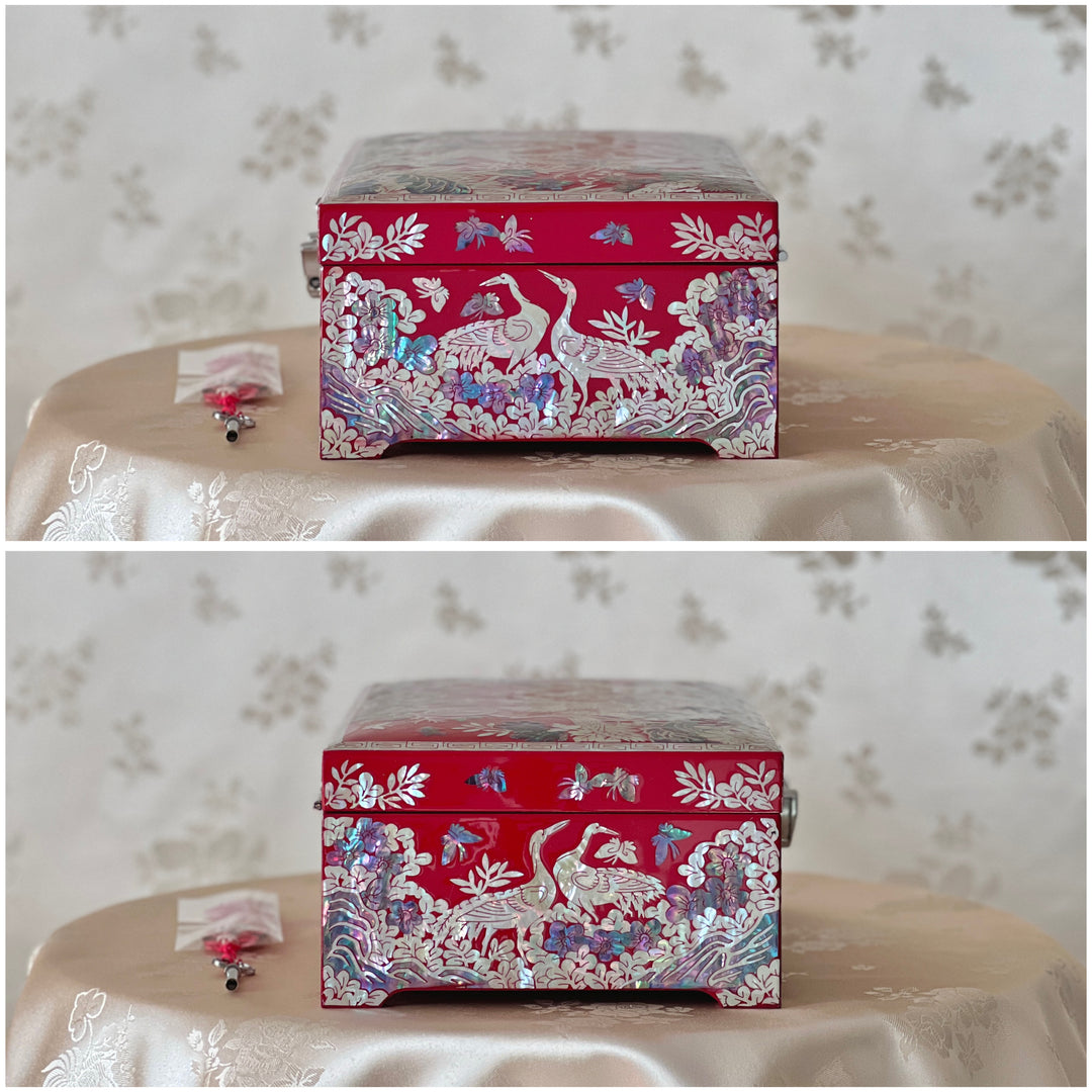 松と鶴の模様の螺鈿手作り赤い木製宝石箱 (자개 송학문 보석함)