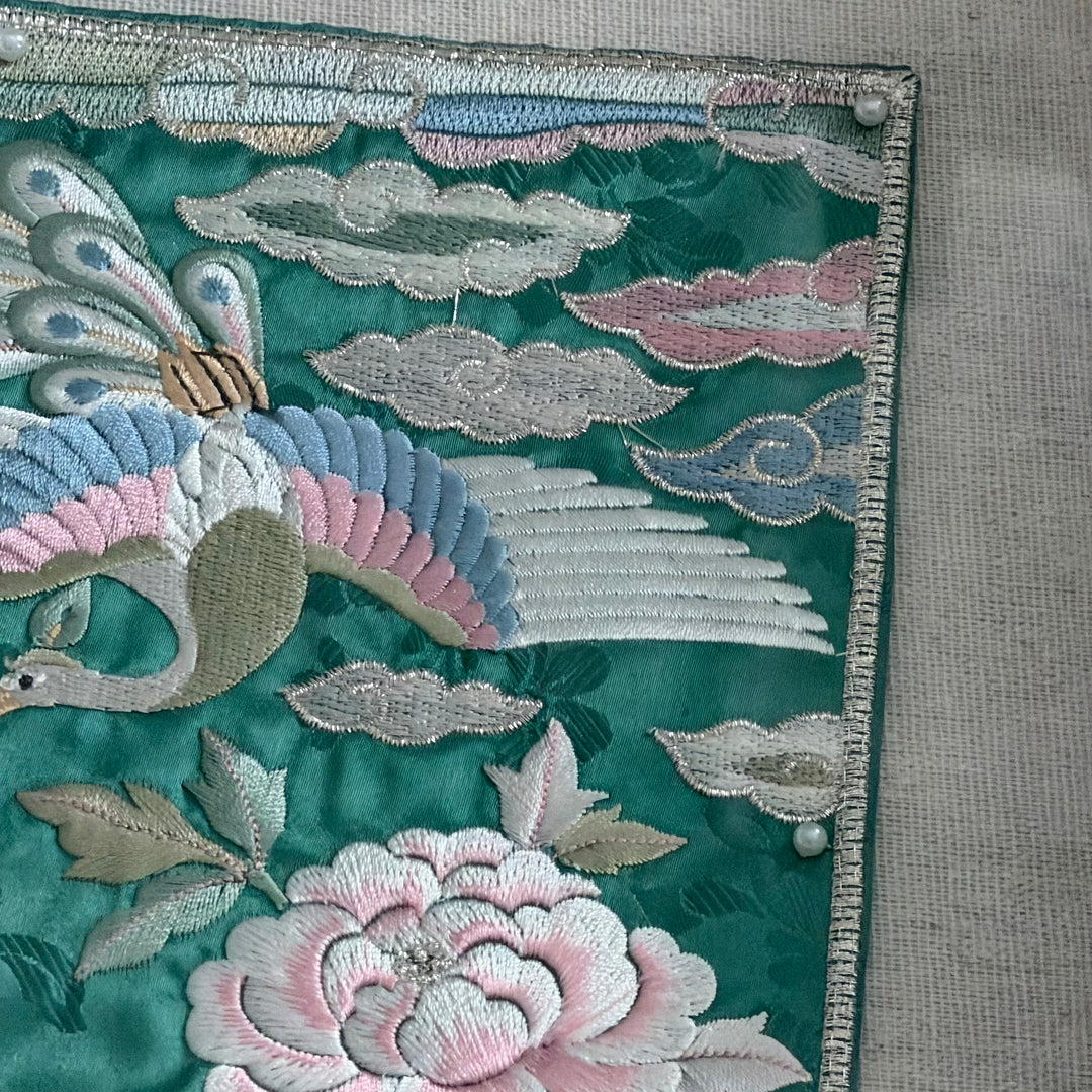 Embroidered Art Panel: Double Peacock and Peony Motif on Green Ground
