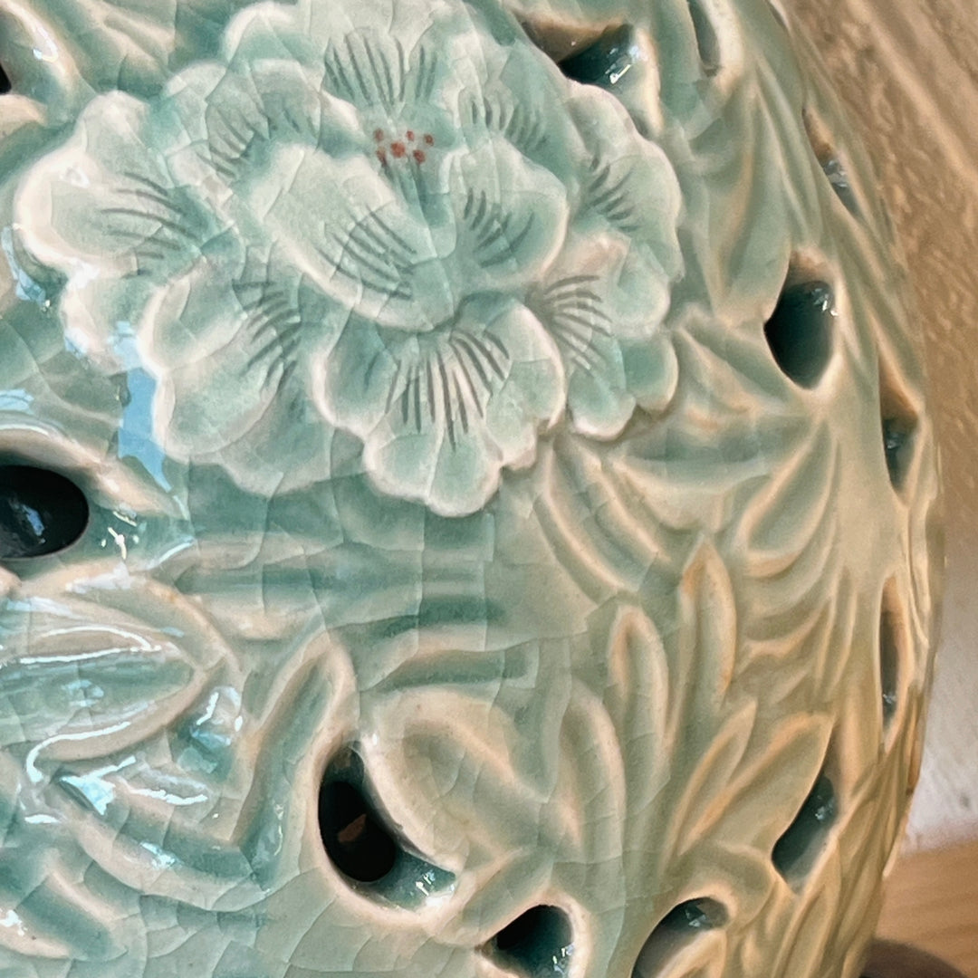 Celadon Vase: Double-Wall Openwork Design with Peony Motif by Master Artisan