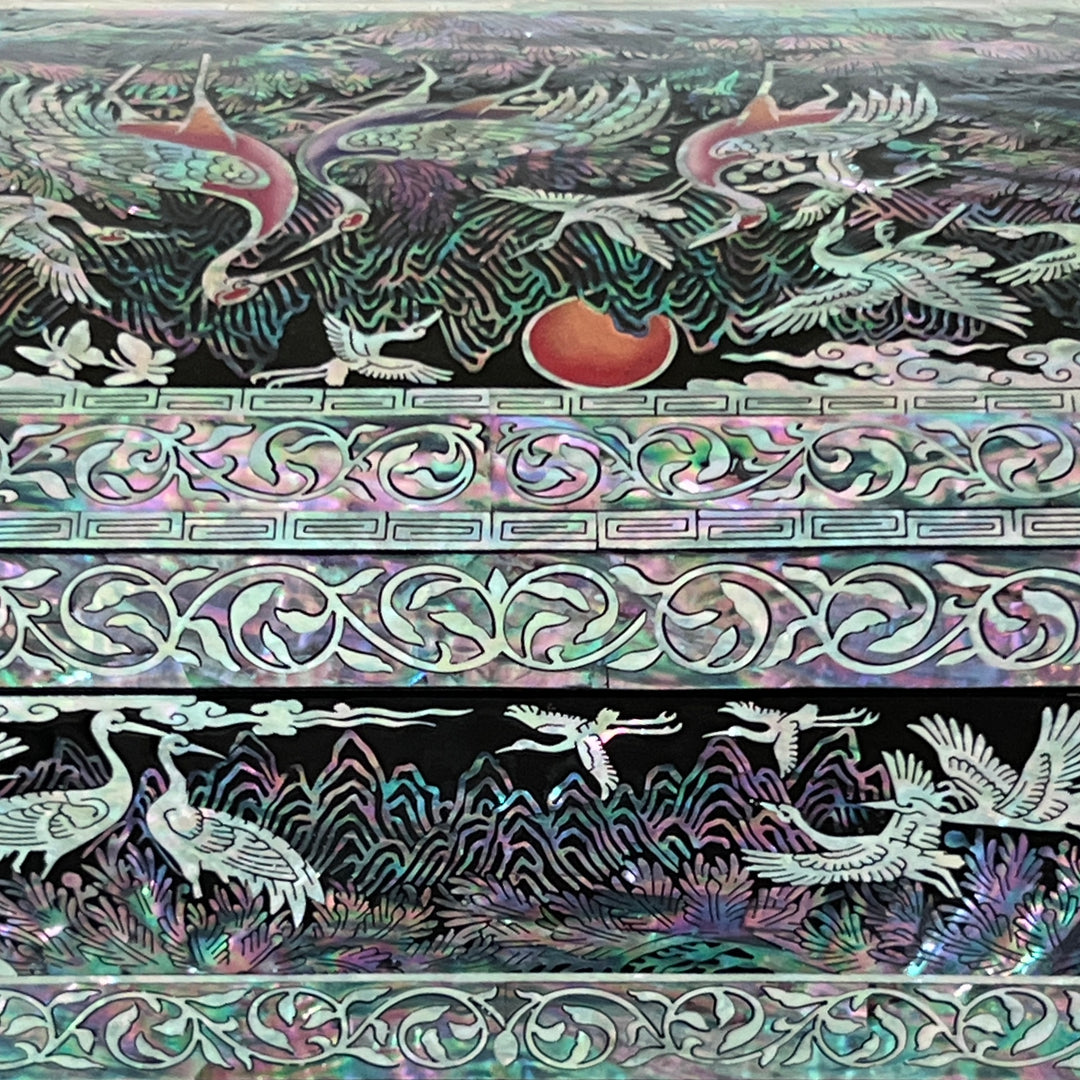 Mother-of-Pearl Jewelry Box: Auspicious Mountain Landscape with Cranes
