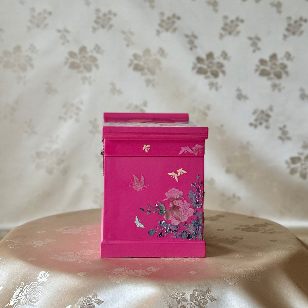 Mother of Pearl Jewelry Chest: Pink Ground, Peony Motif in Scholar’s Desk Form