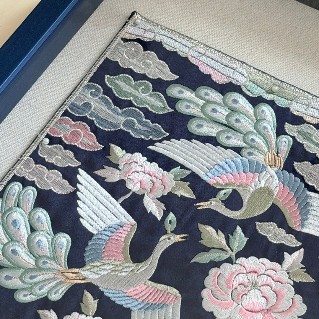 Embroidered Art Panel: Peacock Pair and Peony Motif on Navy Ground