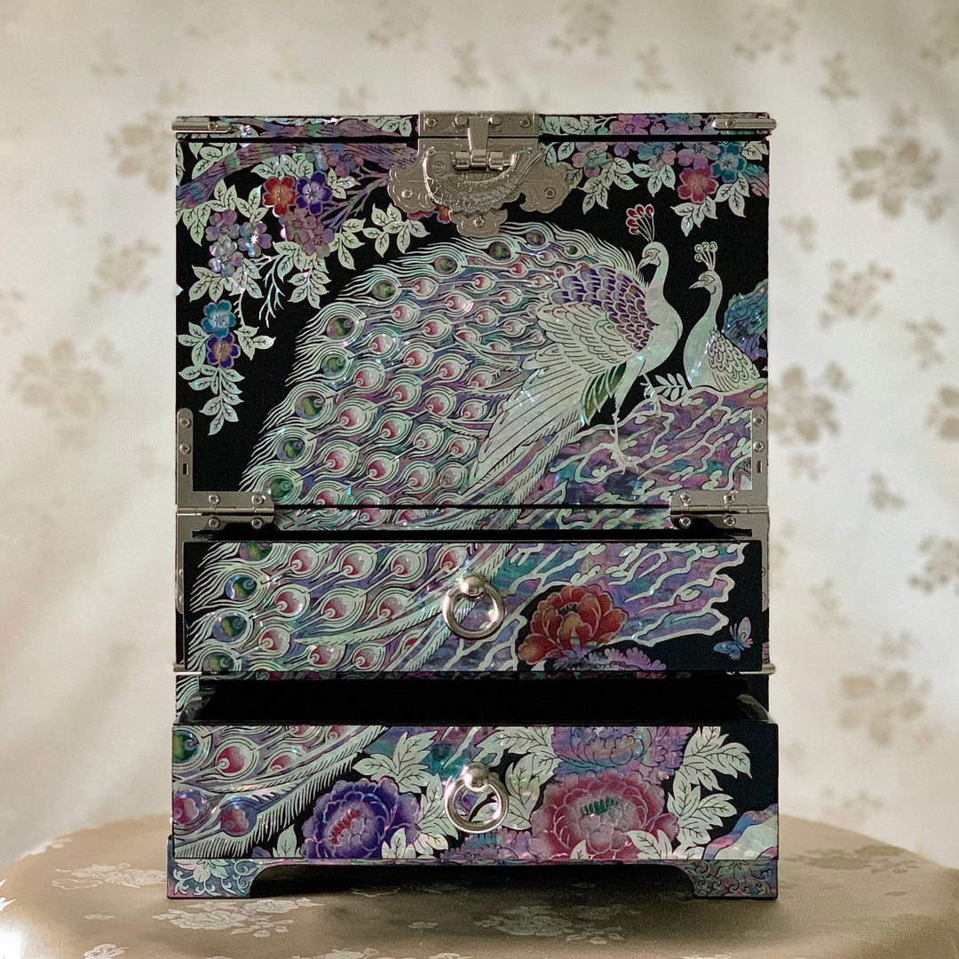 Mother of Pearl Jewelry Box with Peacock and Peony Pattern (자개 목단 공작문 반닫이 함)