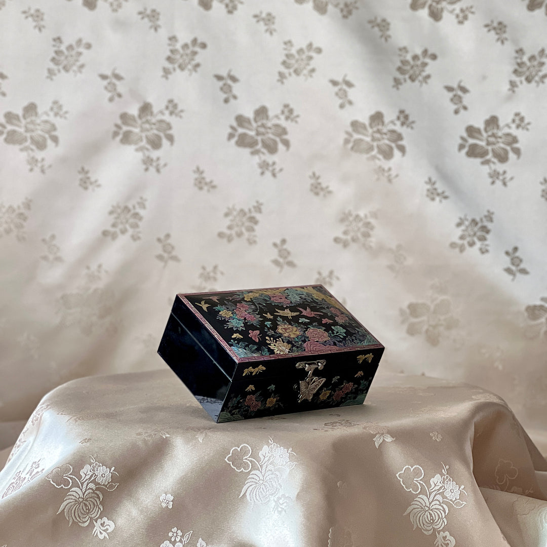 Mother-of-Pearl Jewelry Box: Plum Blossom and Bird Floral Motif on Black Ground