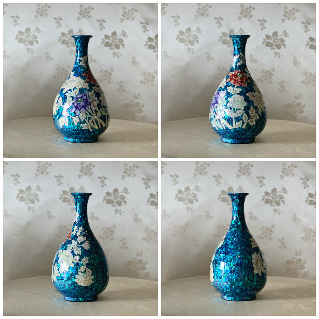 Set aus zwei Vasen aus Perlmuttkeramik mit Pfingstrosenmuster (자개 목단문 매병,주병 세트)