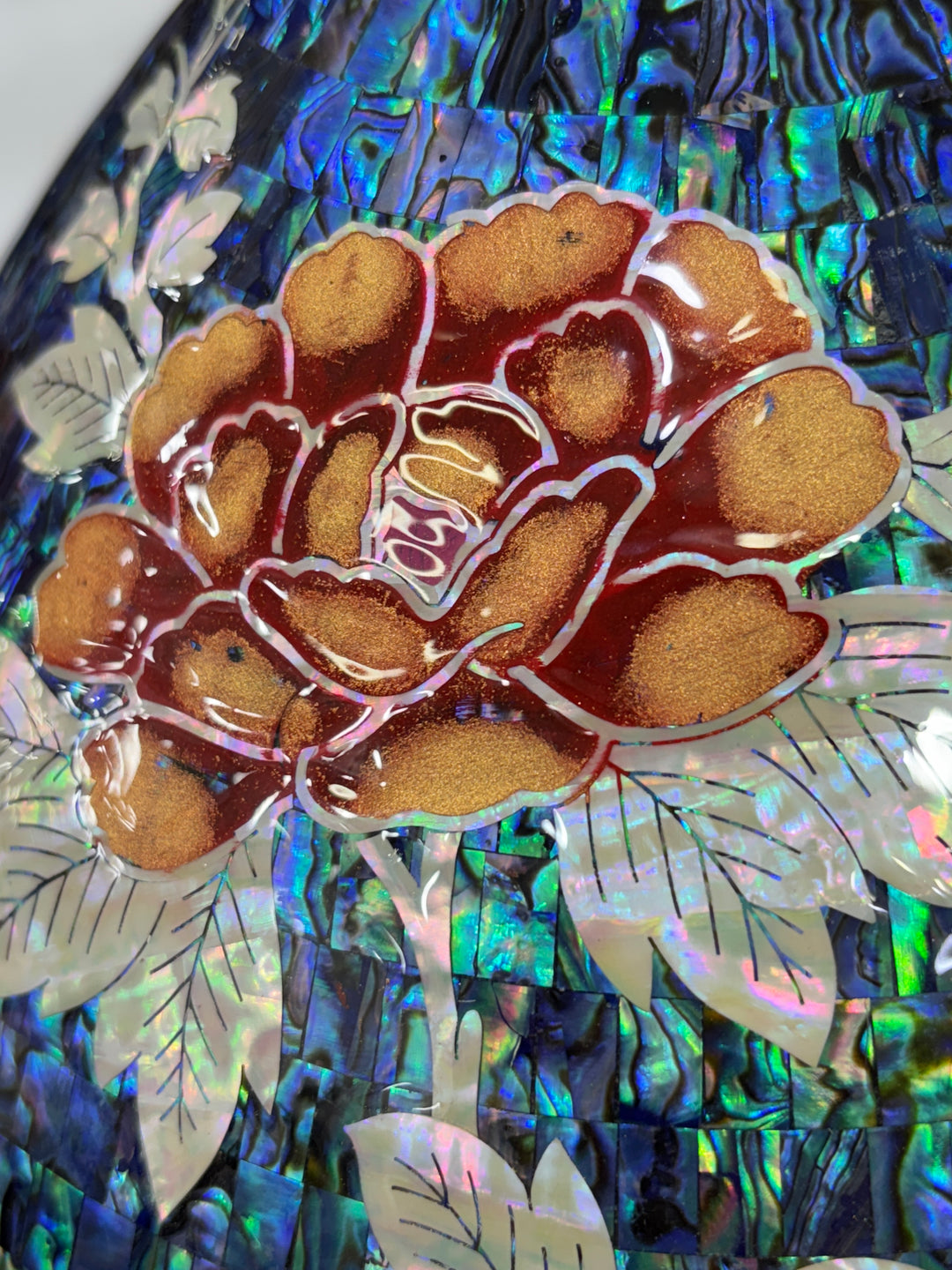 Mother-of-Pearl Ceramic Vase: Butterfly and Peony Motif on Deep Blue Abalone