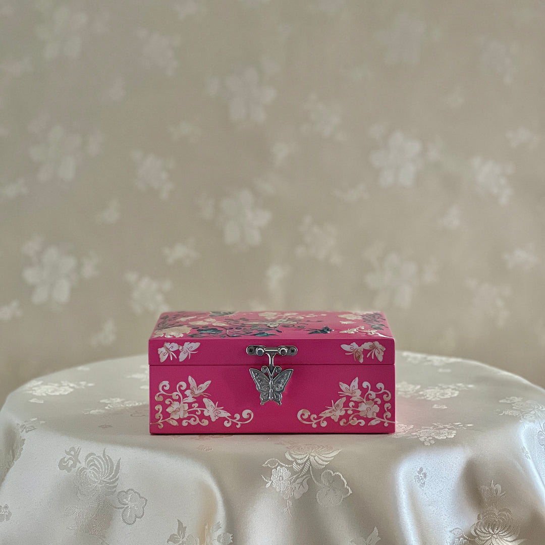 Mother of Pearl Handmade Wooden Pink Jewelry Box with Butterfly and Peony Pattern (자개 호접 목단문 보석함)