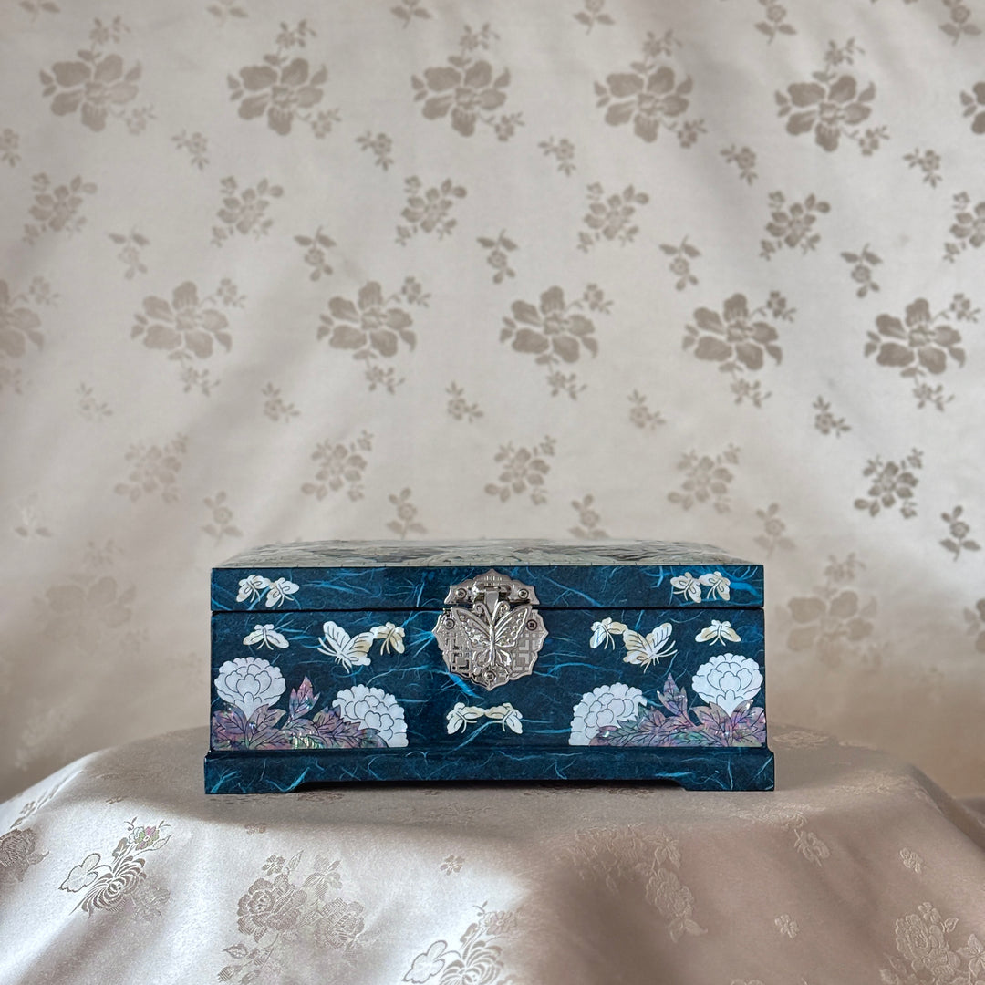 Mother of Pearl Jewelry Box: Butterfly and Peony Motif on Navy Hanji