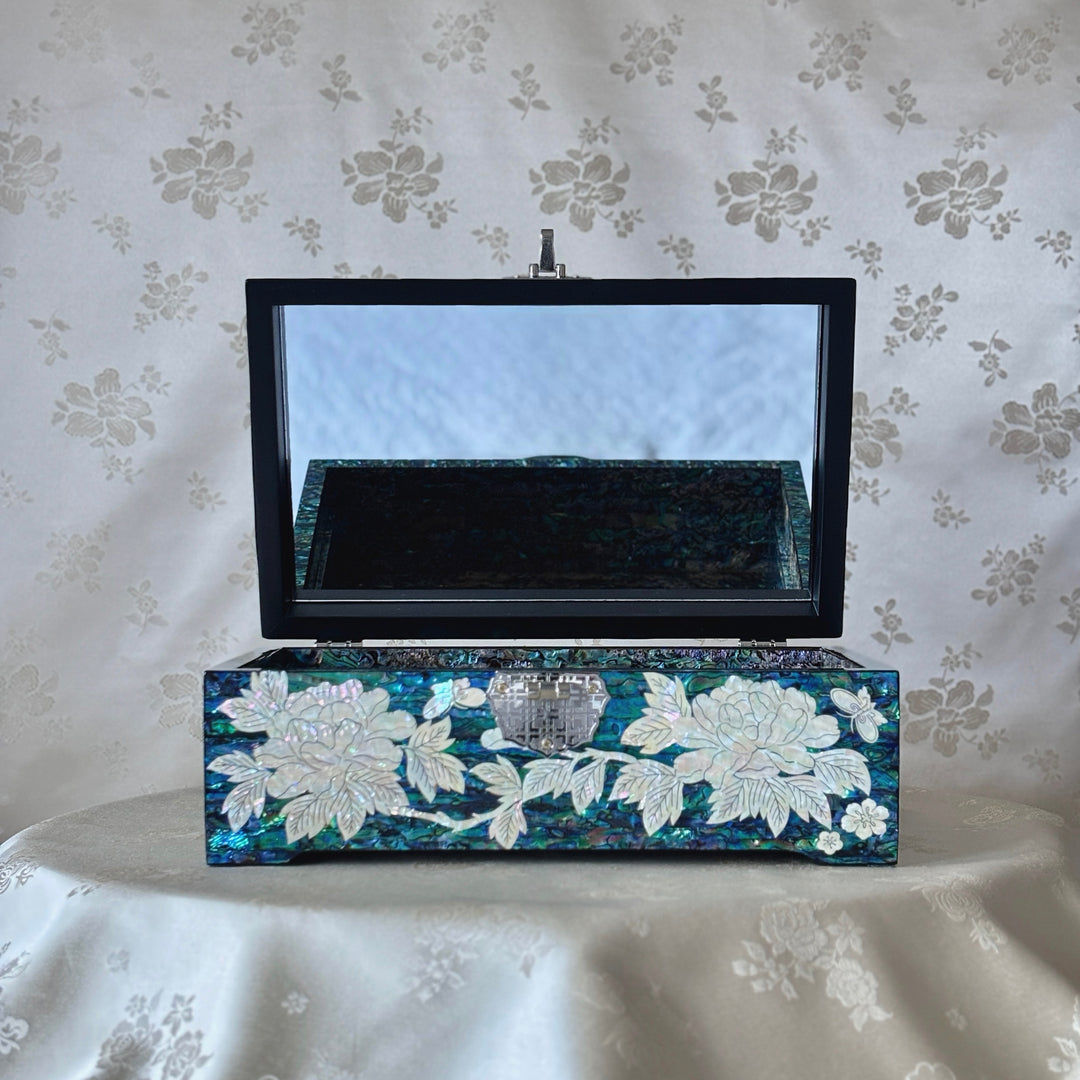 Mother of Pearl Jewelry Box: Peony and Butterfly on Deep Blue Abalone