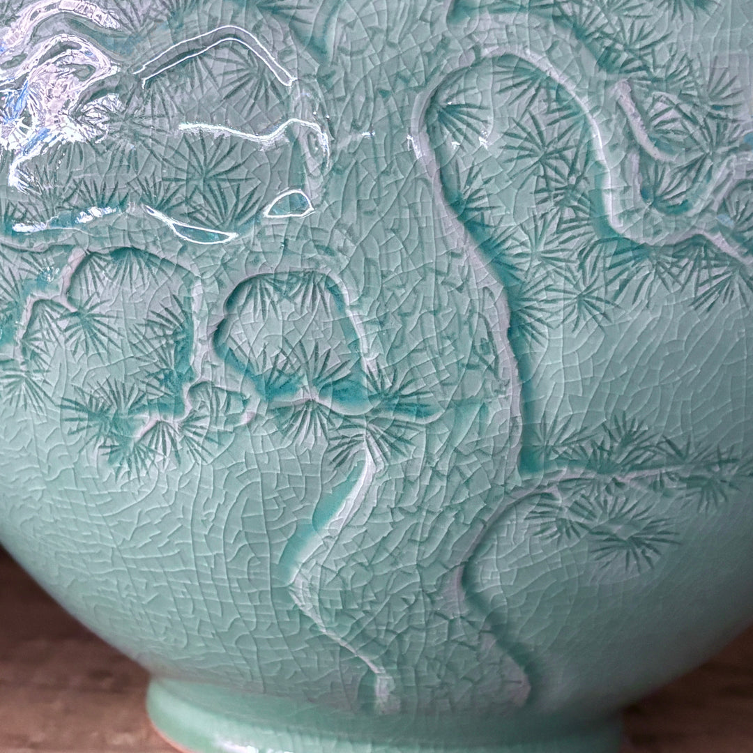 Celadon Jar (Ho): Pine in Relief and Inlaid Crane Motif by Master Artisan