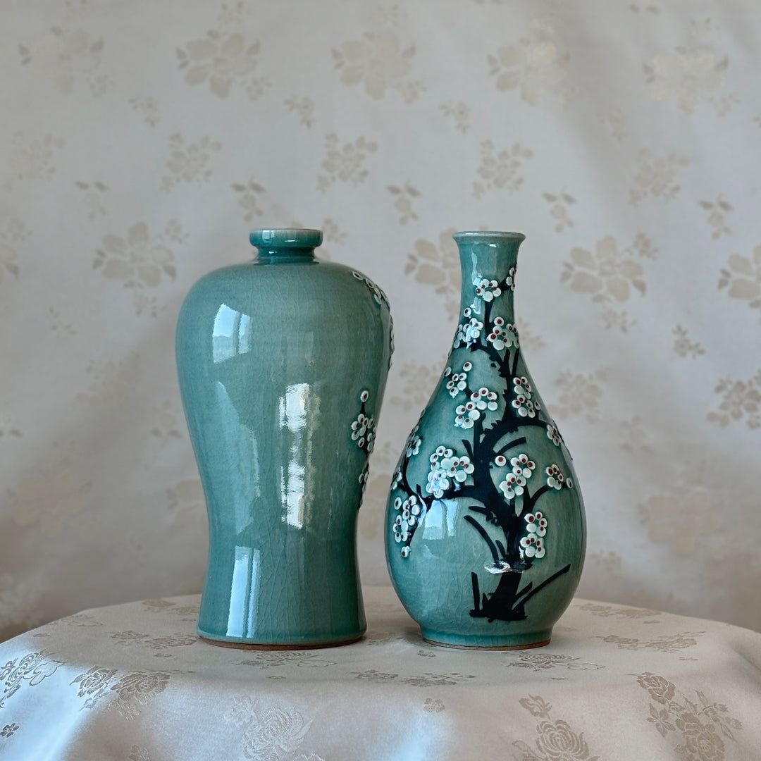 Celadon Maebyeong and Jubyeong Vase Set: Plum Blossom Tree Motif