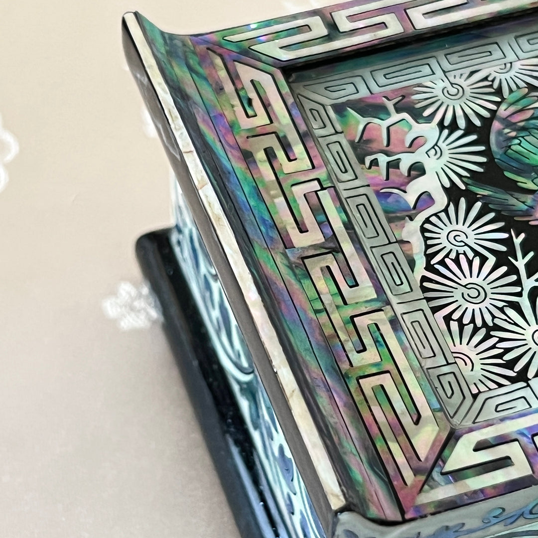 Mother-of-Pearl Lidded Box: Scholar’s Desk-Inspired Form with Crane and Pine Motif