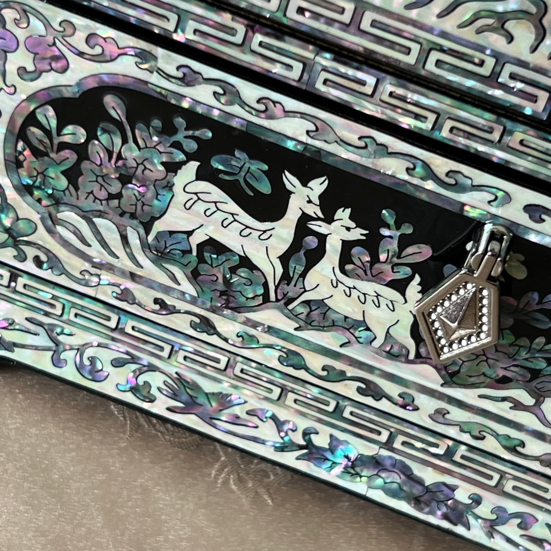 Mother-of-Pearl Double-Doored Jewelry Chest: Grand Scale, Longevity Motif on Black Ground