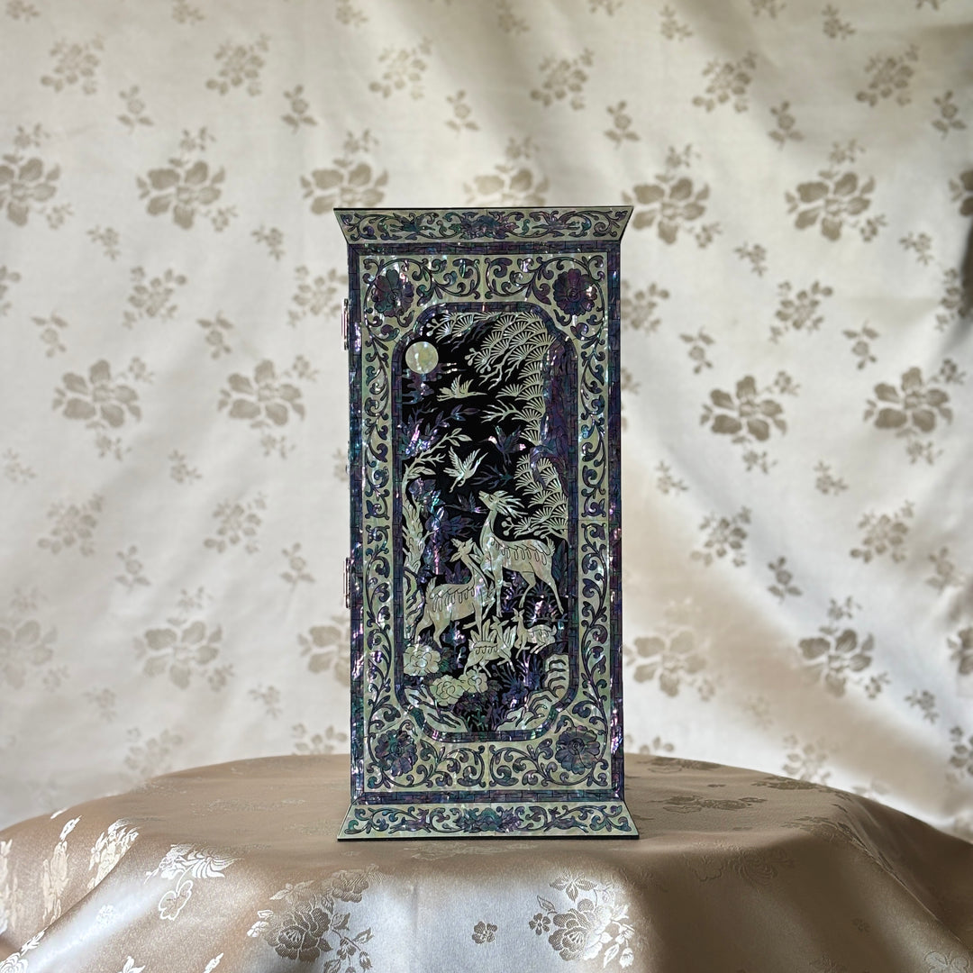 Mother-of-Pearl Double-Doored Jewelry Chest: Grand Scale, Longevity Motif on Black Ground