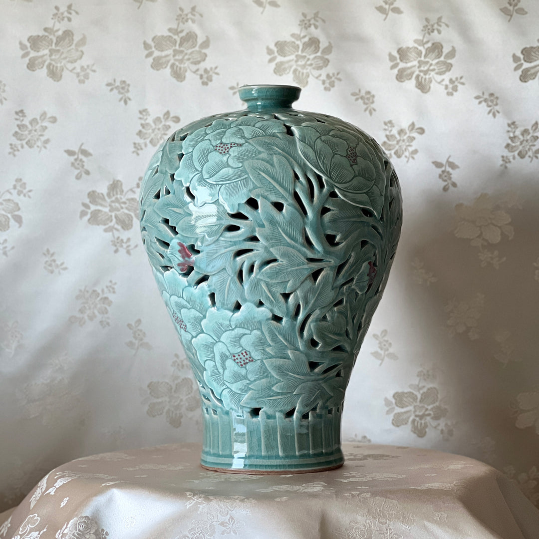 Celadon Double-Walled Openwork Vase: Sgraffito (Bakji) with Peony Motif