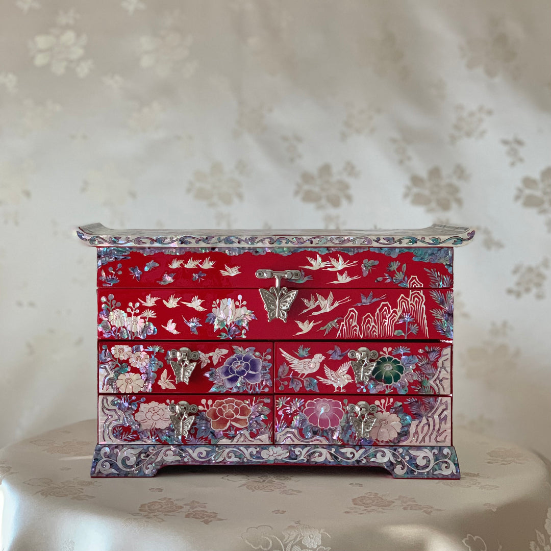 Mother of Pearl Red Wooden Jewelry Box with Peony and Crane Pattern (자개 목단 송학문 선비 설합 보석함)