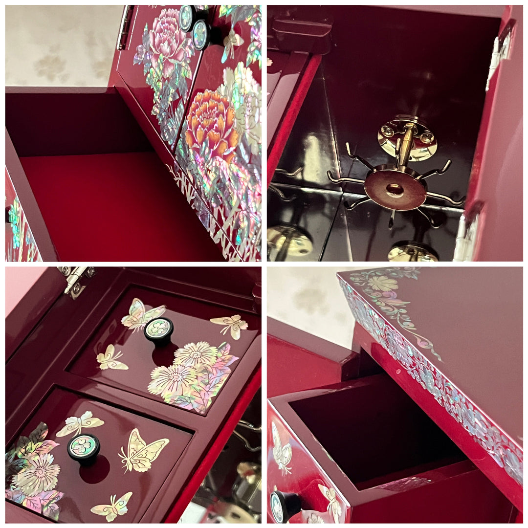 Mother-of-Pearl Double-Doored Jewelry Chest: Peony, Butterfly and Bird Motif on Wine Ground