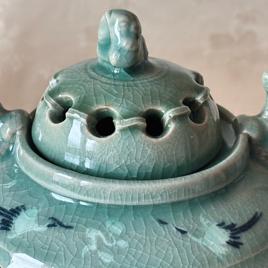Celadon Incense Burner: Double-Wall Openwork with Inlaid Crane Motif and Dragon Handles