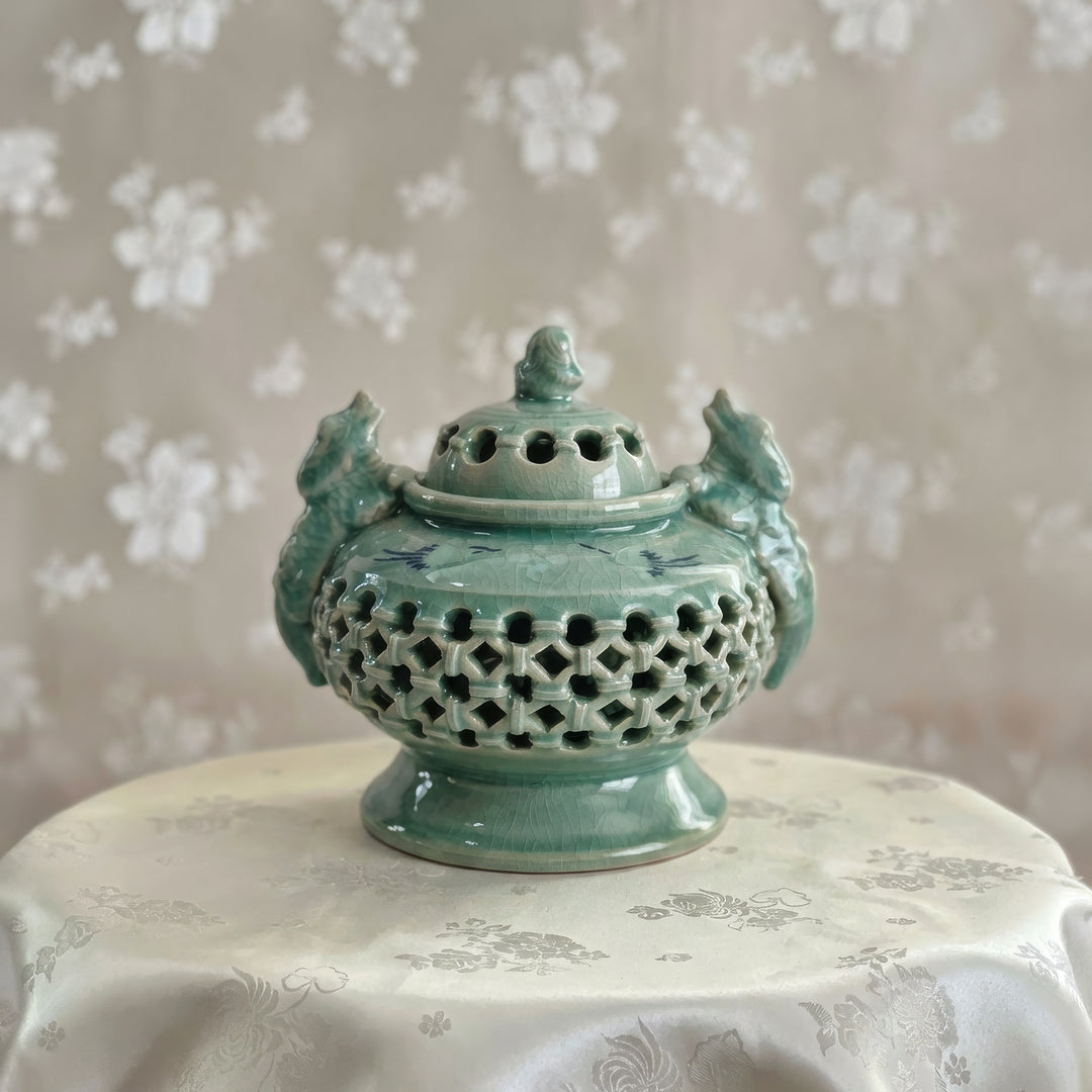 Celadon Incense Burner: Double-Wall Openwork with Crane Motif and Dragon Handles