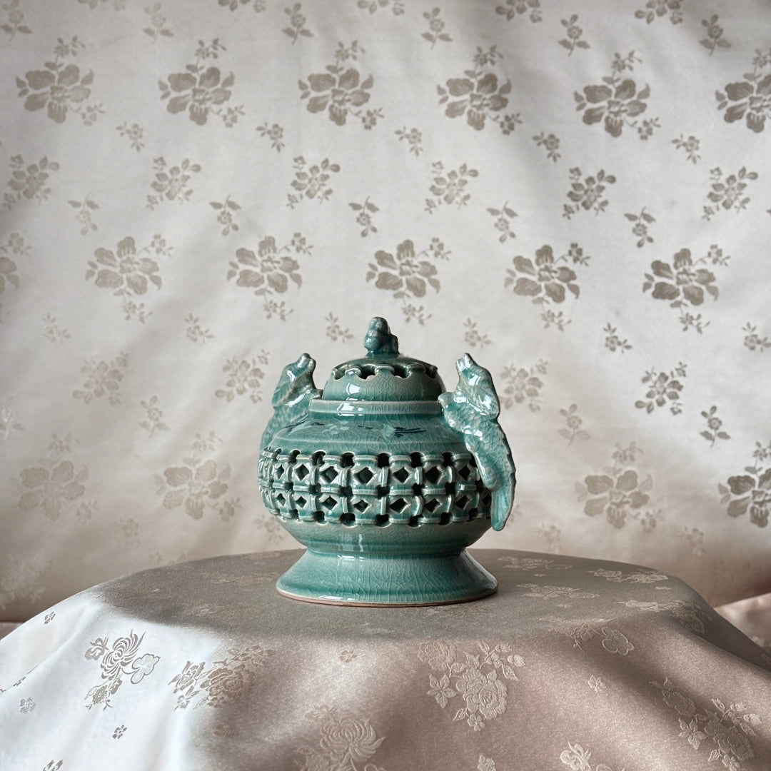 Celadon Incense Burner: Double-Wall Openwork with Inlaid Crane Motif and Dragon Handles