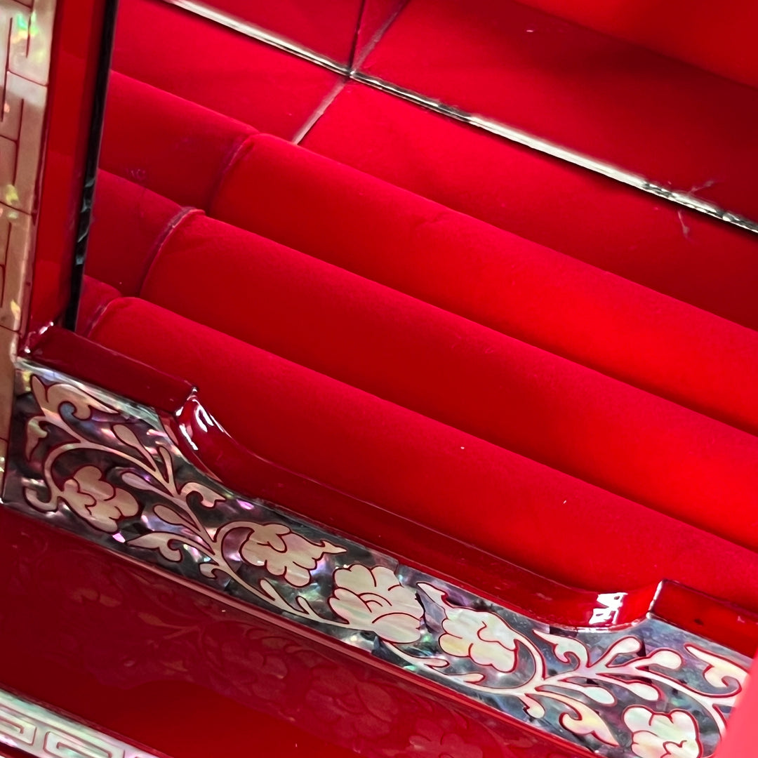 Mother-of-Pearl Double-Doored Jewelry Chest: Grand Scale, Longevity Motif on Red Ground