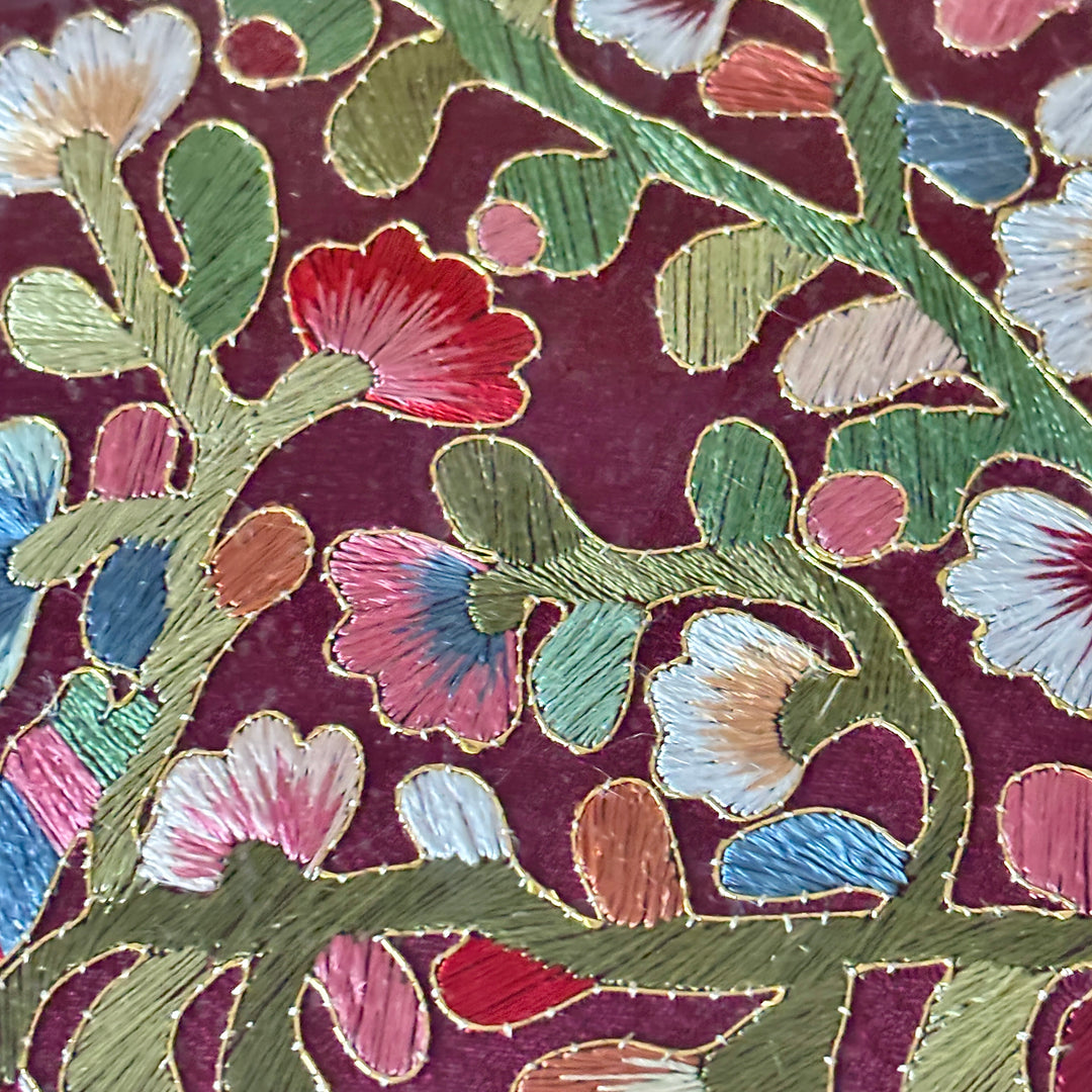 Embroidered Wall Art: Traditional Vine Pattern on Deep Red Silk in Wooden Frame