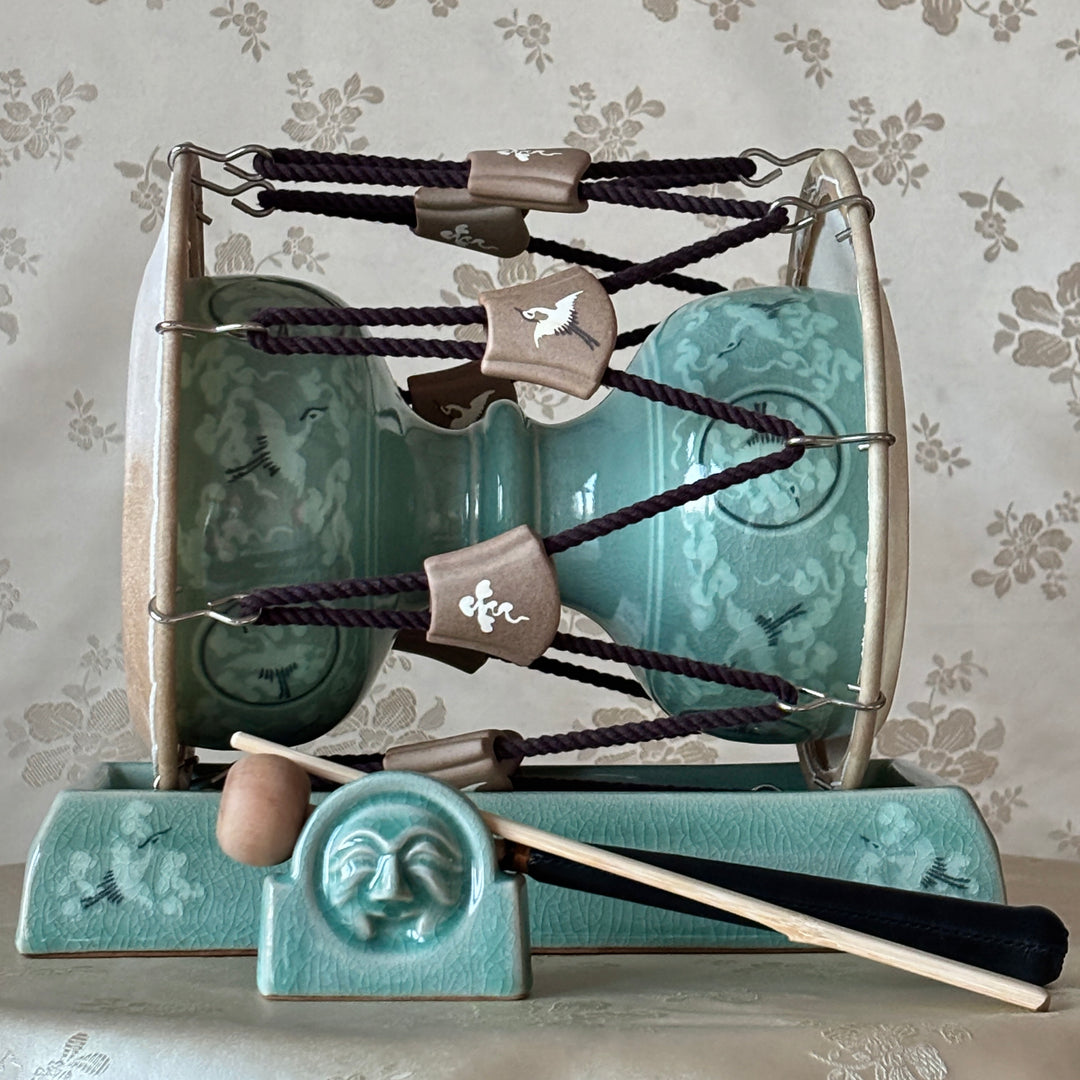 Celadon Display Janggu Drum (Large): Inlaid Crane and Cloud Motif by Master Artisan