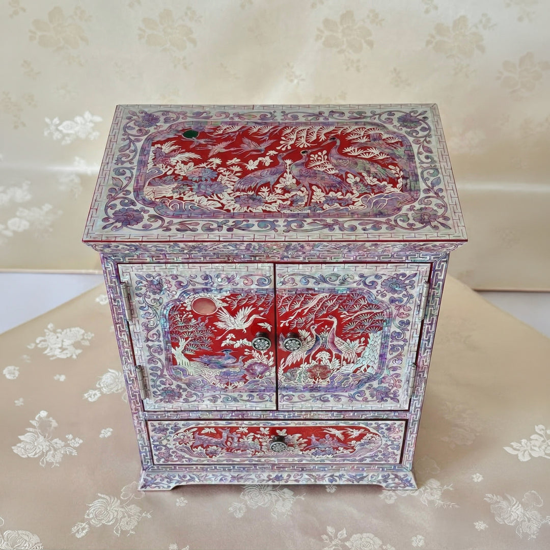 Mother-of-Pearl Double-Door Jewelry Chest: Longevity Motif, Red Ground