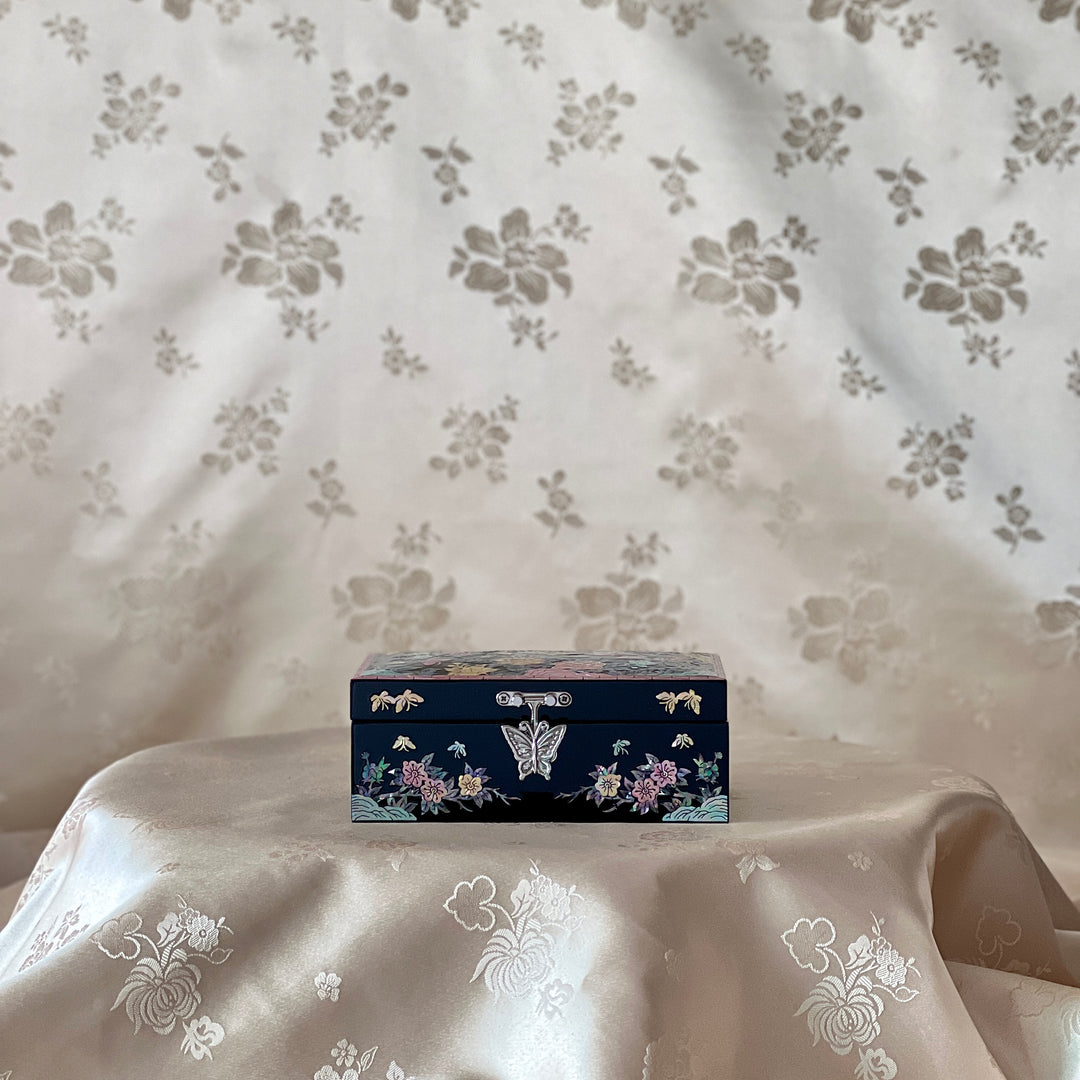 Mother-of-Pearl Jewelry Box: Plum Blossom and Bird Floral Motif on Black Ground