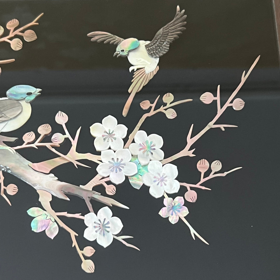 Mother-of-Pearl Art Panel: Horizontal Format, Whole Shell with Plum Blossom Tree and Bird Motif