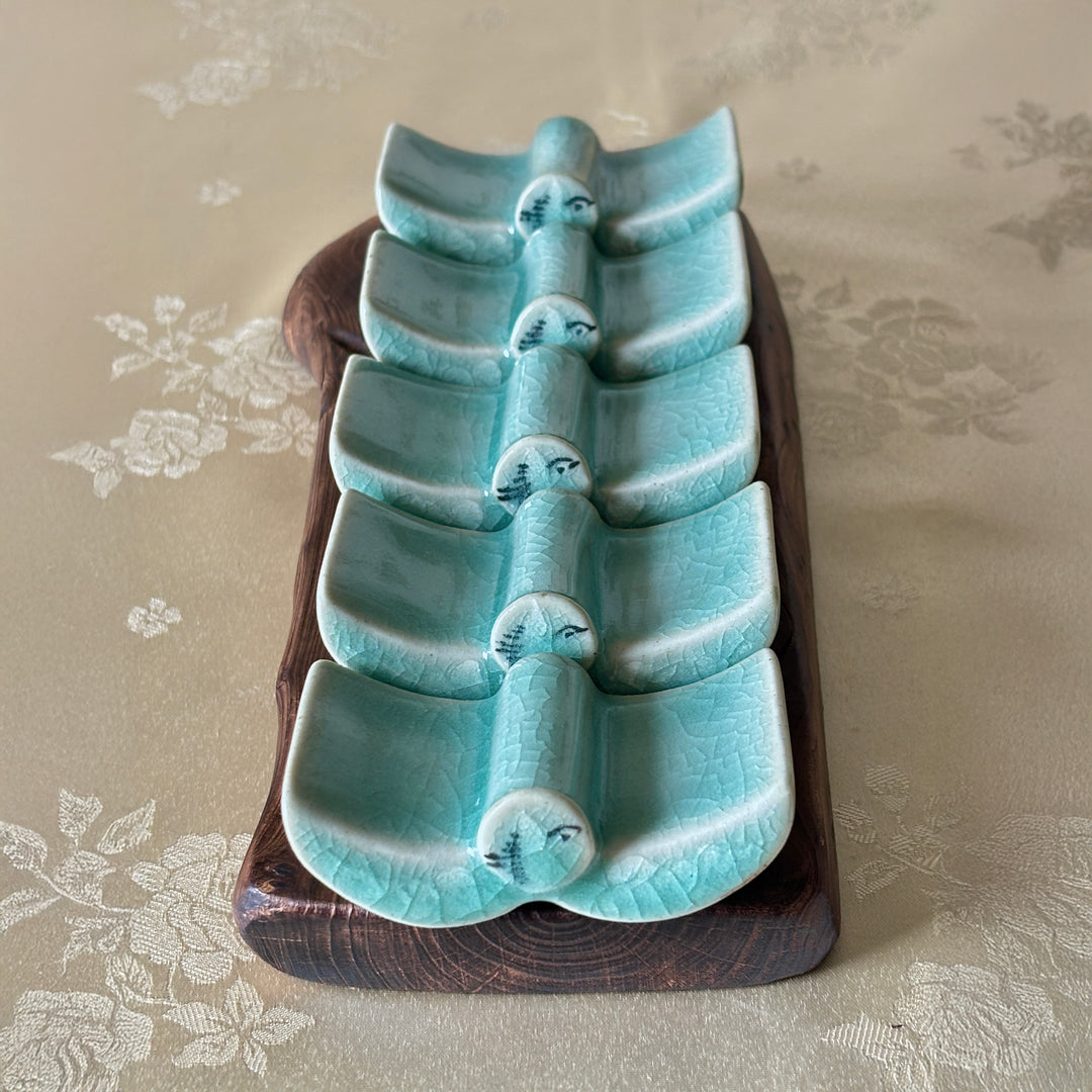Celadon Utensil Rest Set with Roof Tile Design and Inlaid Crane and Cloud Motifs by Master Artisan