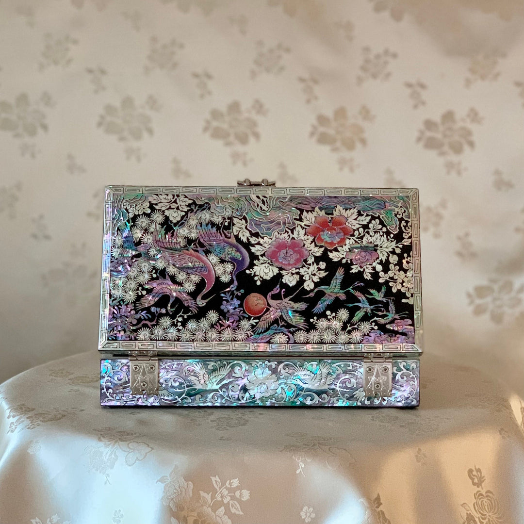 Mother of Pearl Handmade Wooden Letter or Jewelry Box with Pine and Peony and Vine Pattern (자개 목단 학 당초문 편지 보관함)
