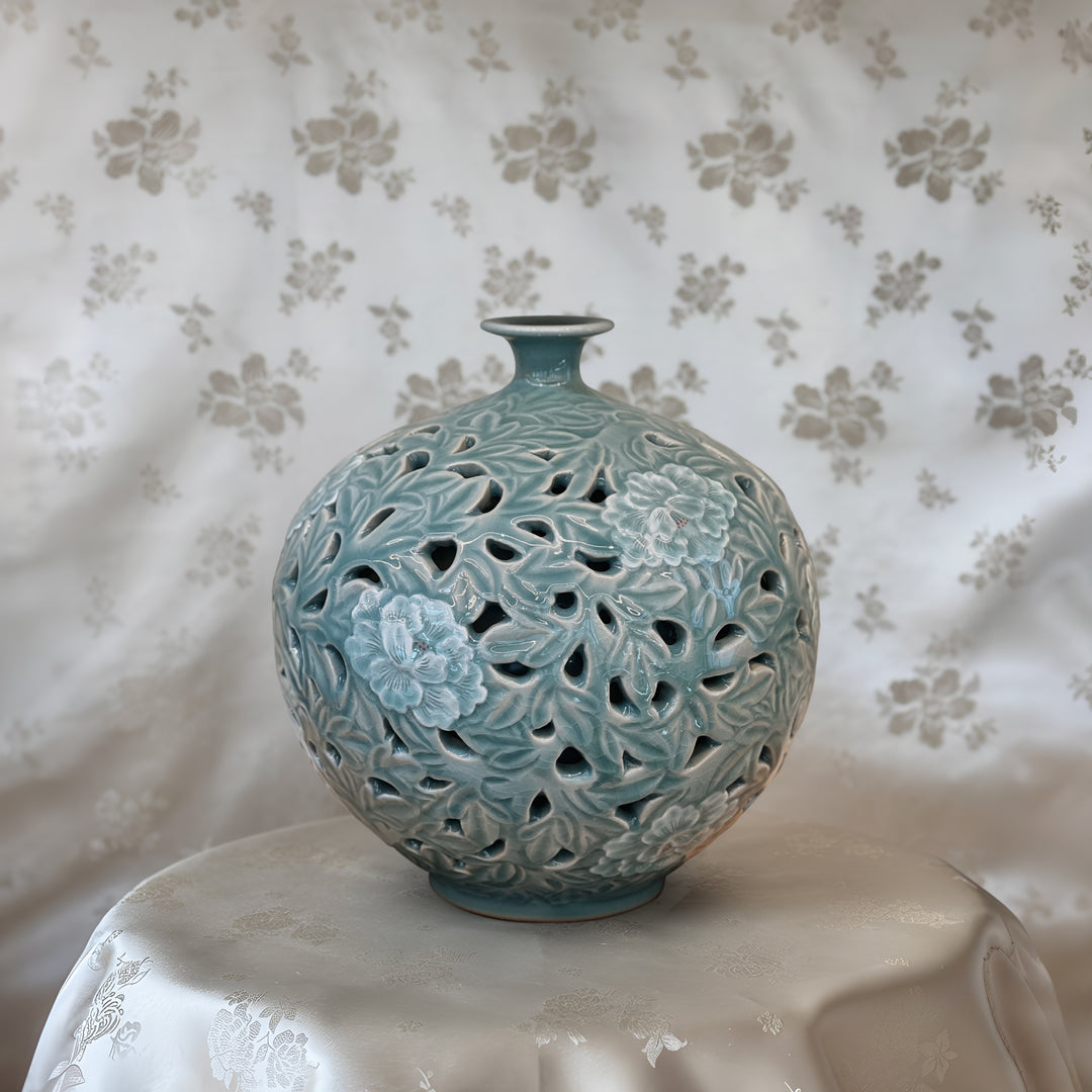 Celadon Vase: Double-Wall Openwork Design with Peony Motif by Master Artisan