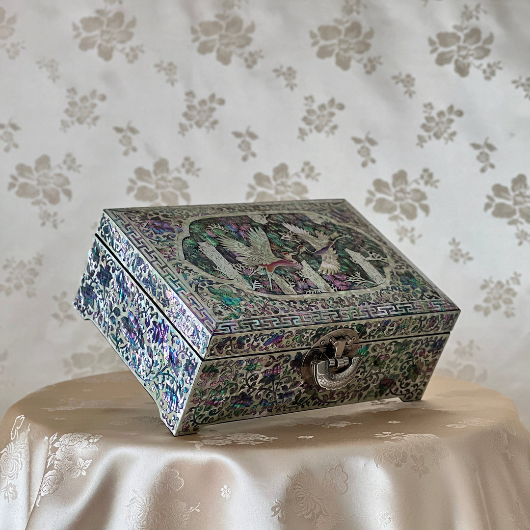Mother-of-Pearl Jewelry Box: Paired Cranes in a Pine Grove