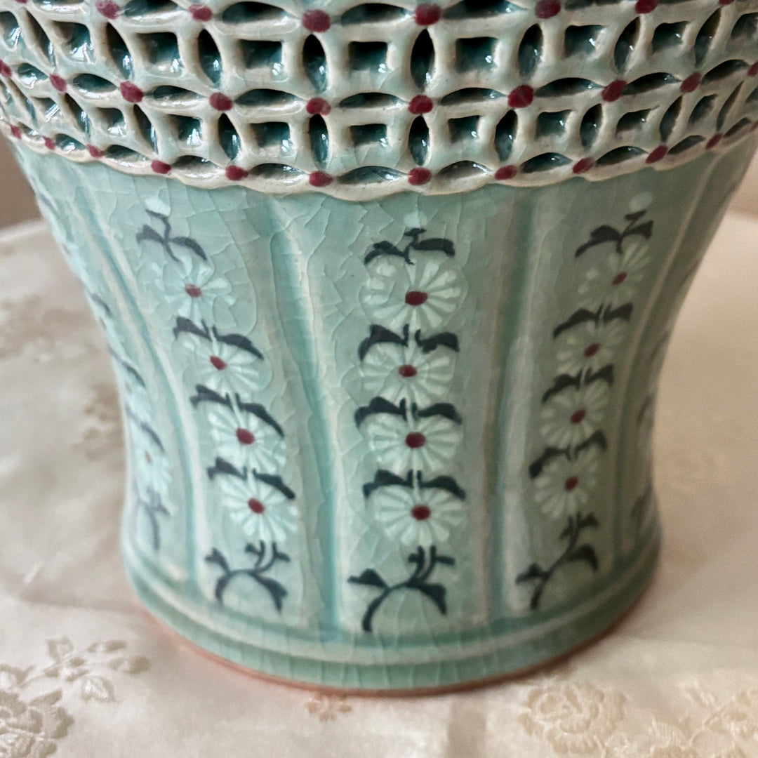 Celadon Vase with Double-Wall Chilbo Openwork and Inlaid Chrysanthemum Motif