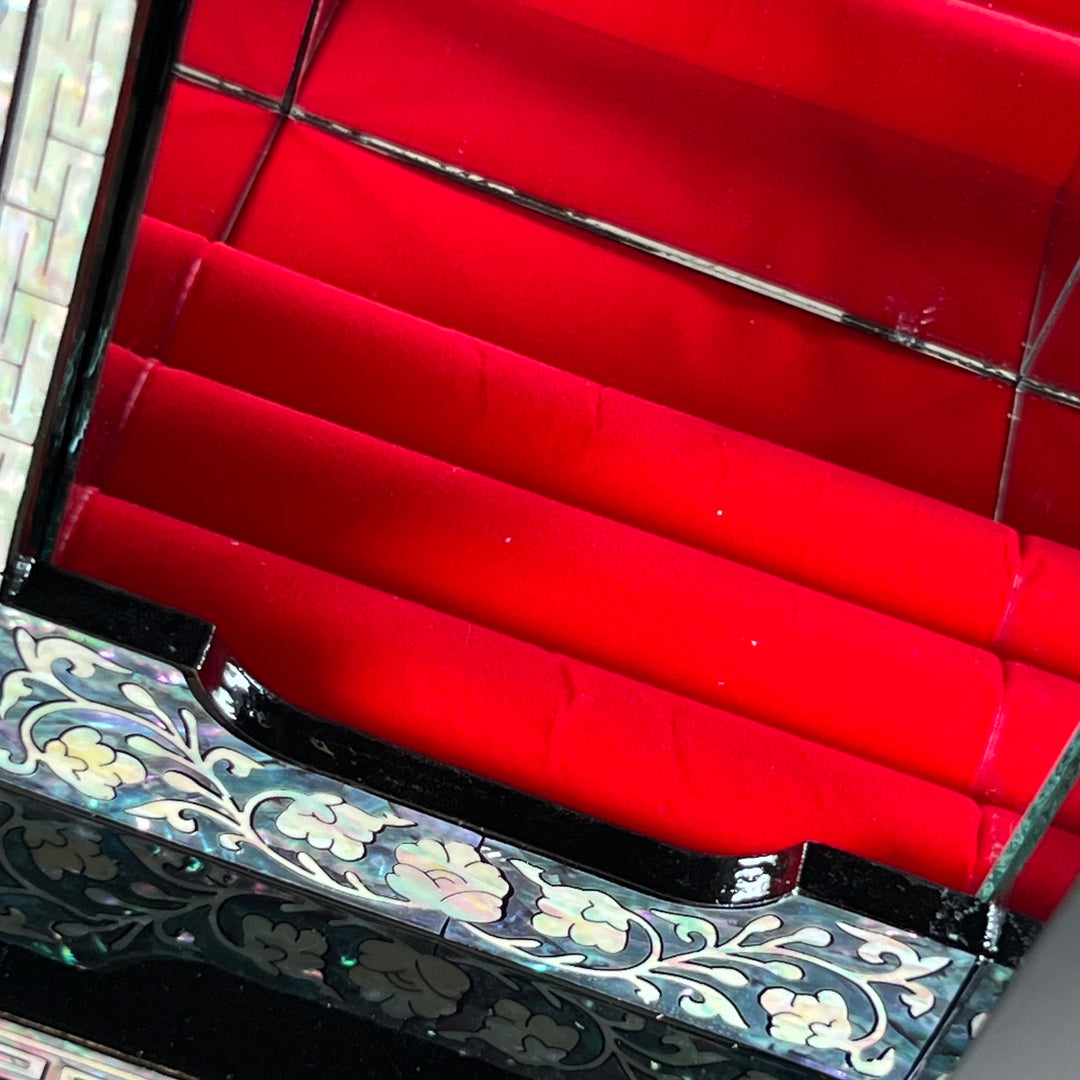 Mother-of-Pearl Double-Doored Jewelry Chest: Grand Scale, Longevity Motif on Black Ground