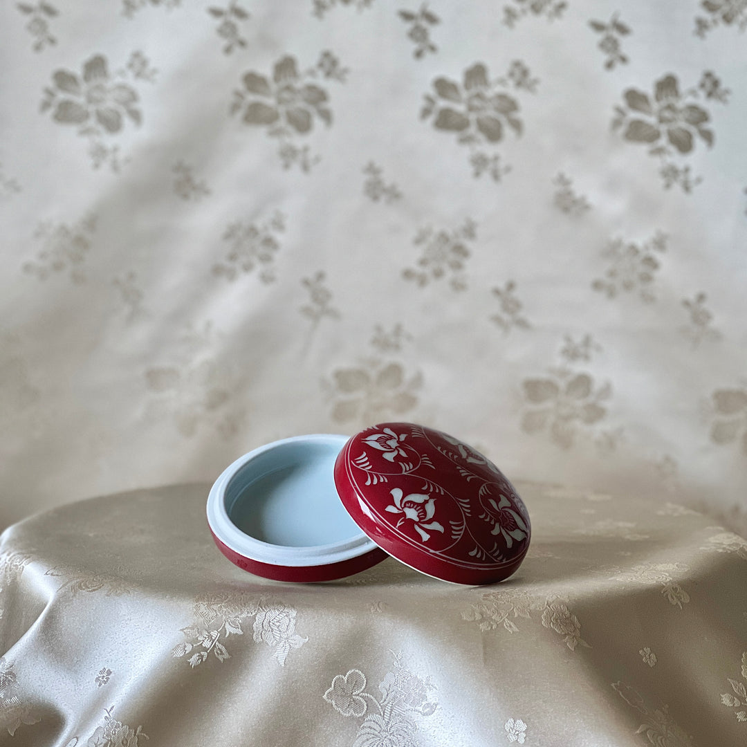 White Porcelain Incised Lotus-Arabesque Motif Incense Box in Copper-Red Glaze