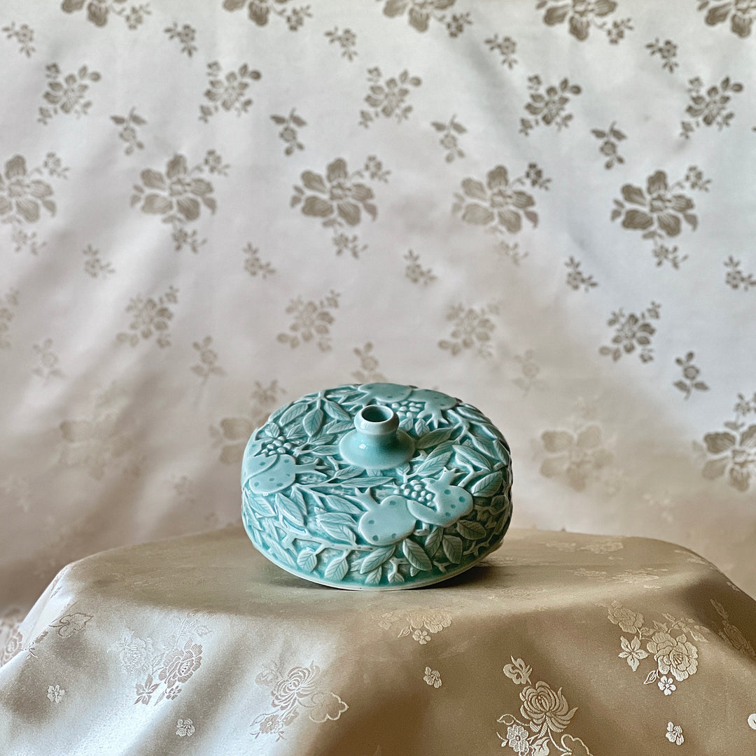Celadon-Glazed Porcelain Covered Box and Single-Stem Vase: Pomegranate Motif