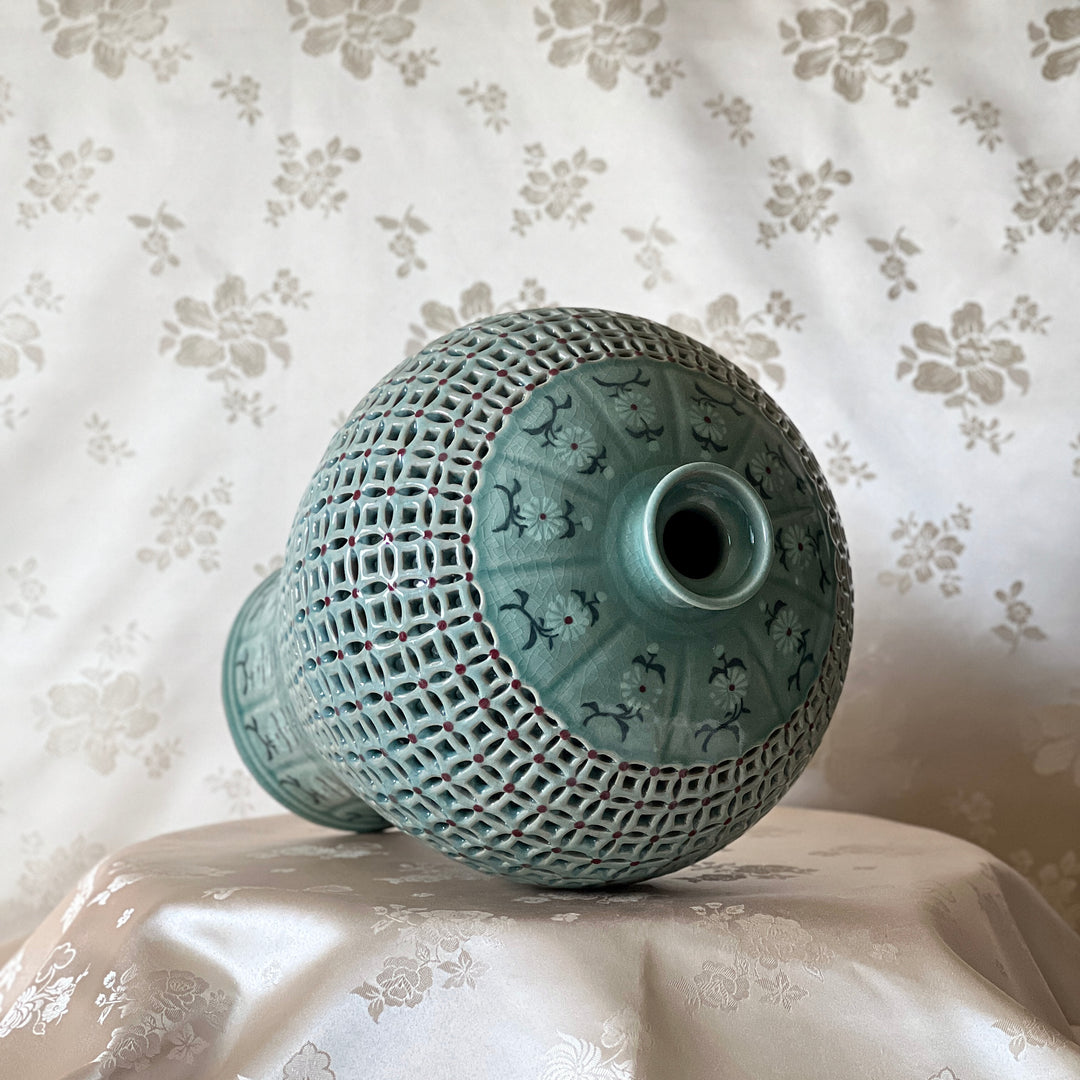 Celadon Double-Walled Openwork Vase: Inlaid Chrysanthemum and Chilbo Pattern