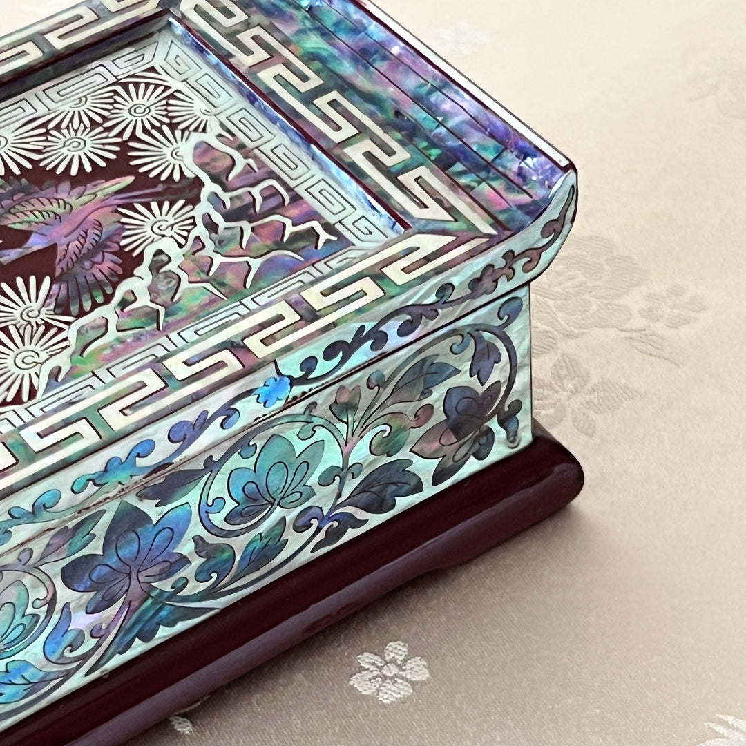 Mother-of-Pearl Lidded Box: Scholar’s Desk-Inspired Form with Crane and Pine Motif, Wine Ground
