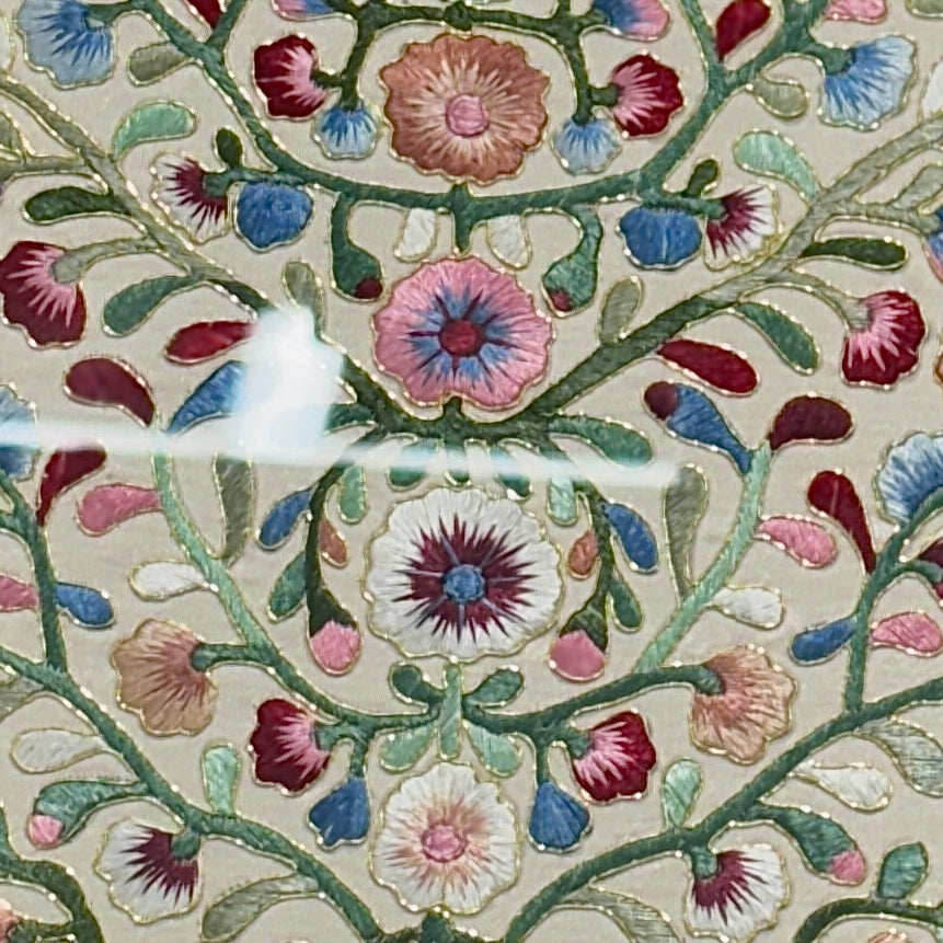 Embroidered Art Panel: Scrolling Vine (Dangcho) and Peony Motif on Beige Silk