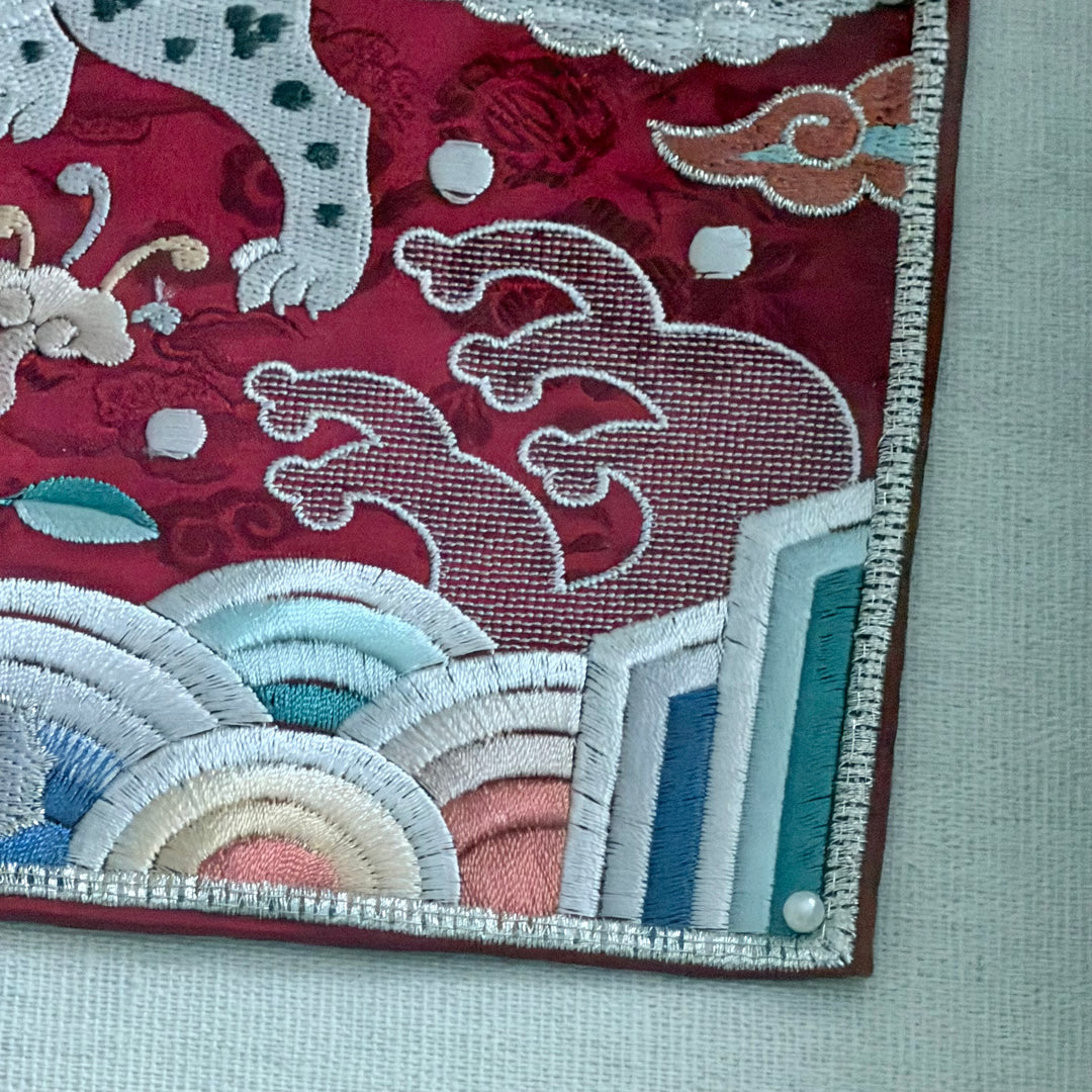 Embroidered Art Panel: Tiger Pair Motif on Red Ground
